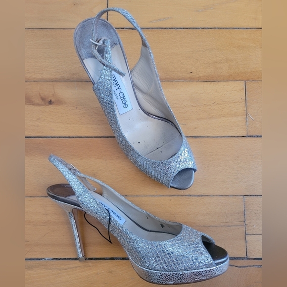 Jimmy Choo Silver Peep-Toe Slingback Heels - Picture 1 of 8